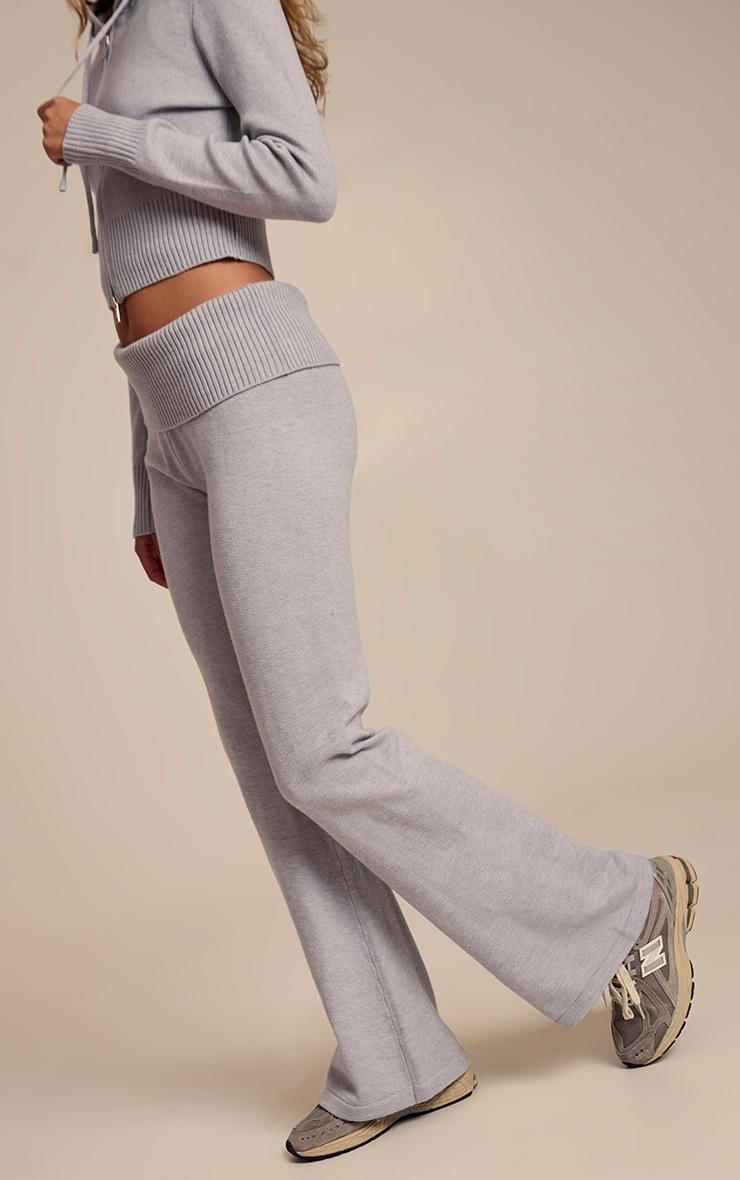 Pretty Little Thing Light Grey Fold Over Waist Band Flared Knitted Pants
