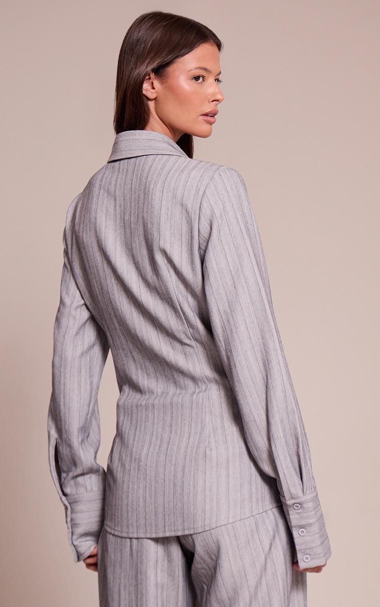 Pretty Little Thing Light Grey Pinstripe Woven Asymmetric Button Shirt