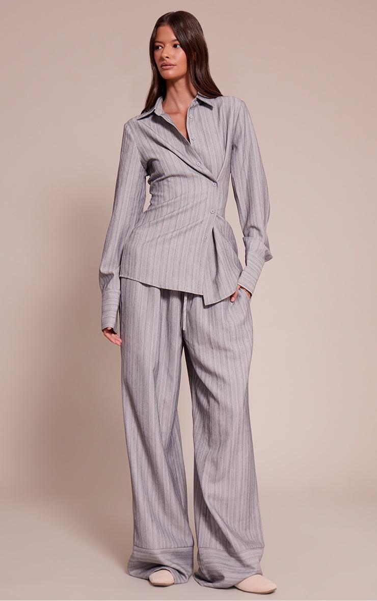 Pretty Little Thing Light Grey Pinstripe Woven Asymmetric Button Shirt