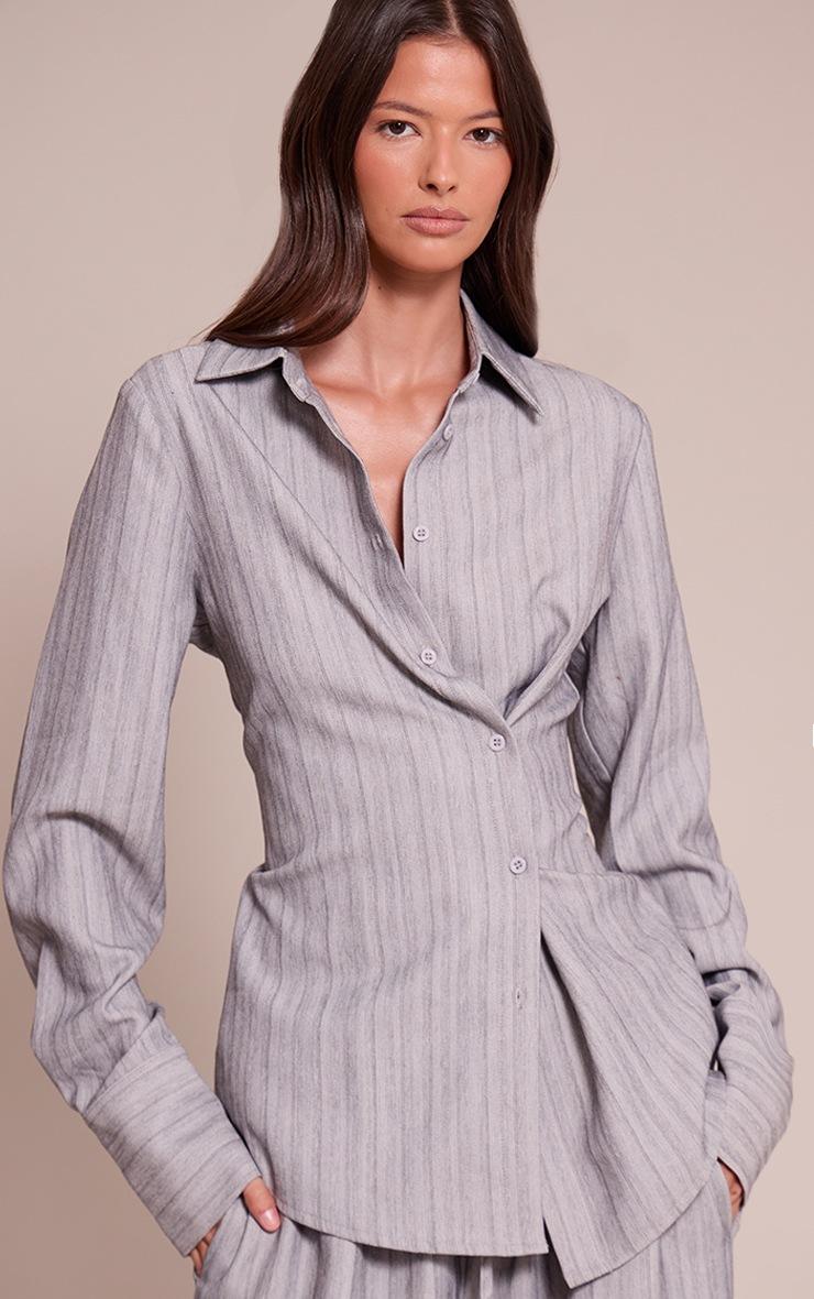 Pretty Little Thing Light Grey Pinstripe Woven Asymmetric Button Shirt