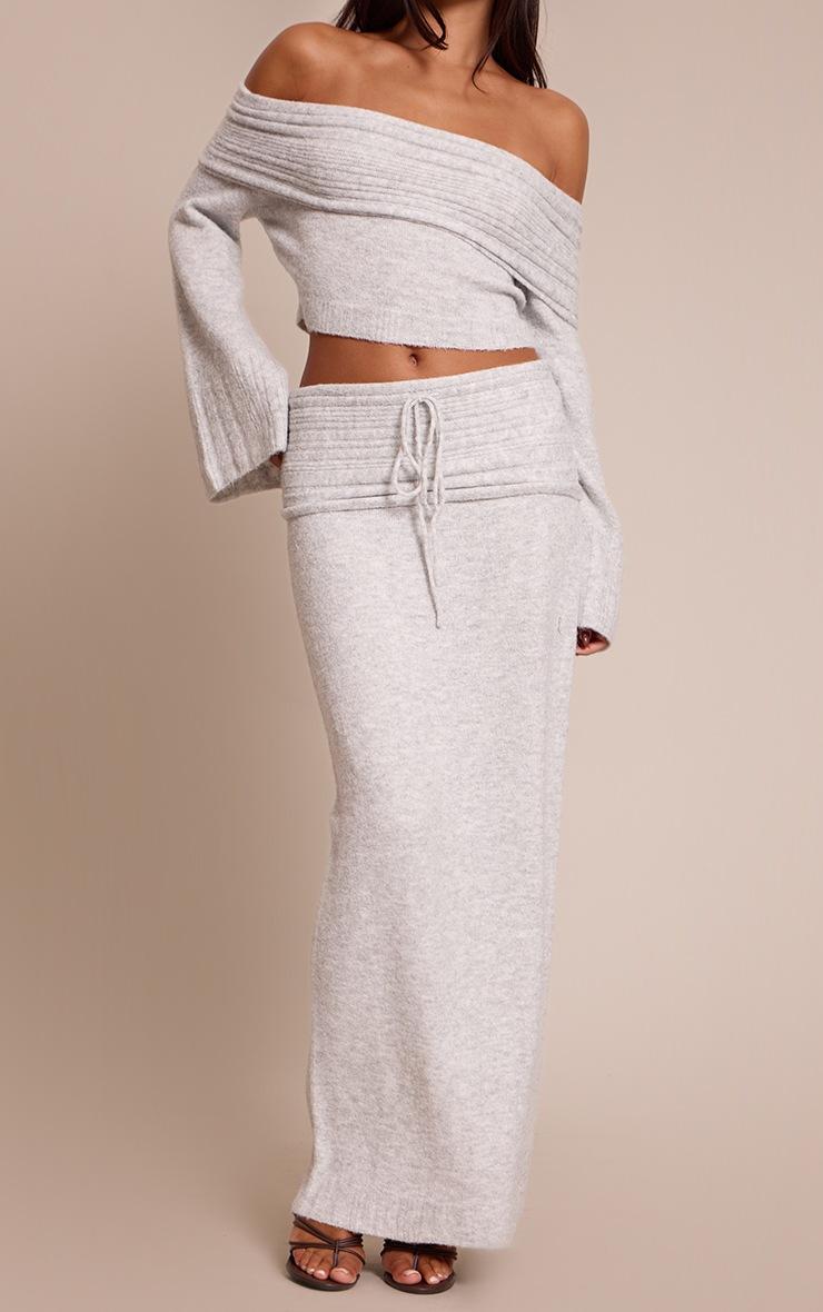 Pretty Little Thing Light Grey Rib Soft Knit Fold Over Maxi Skirt