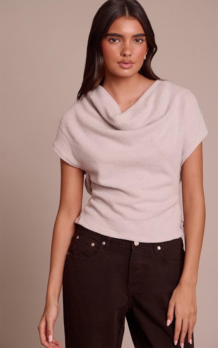 Pretty Little Thing Light Mushroom Wool Look Slouchy Tie Back Top