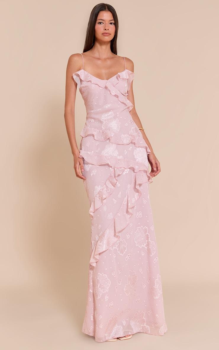 Pretty Little Thing Light Pink Floral Embroidered Frill Maxi Dress