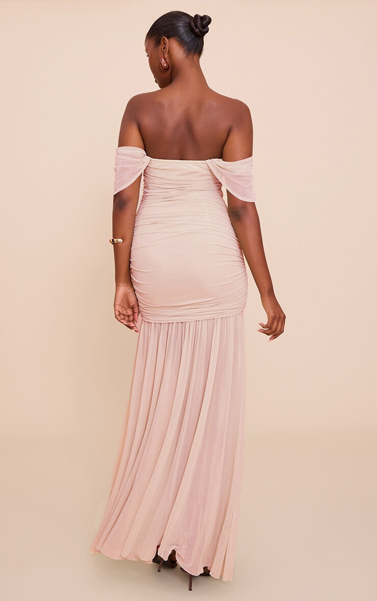 Pretty Little Thing Light Pink Mesh Bardot Ruched Detail Maxi Dress