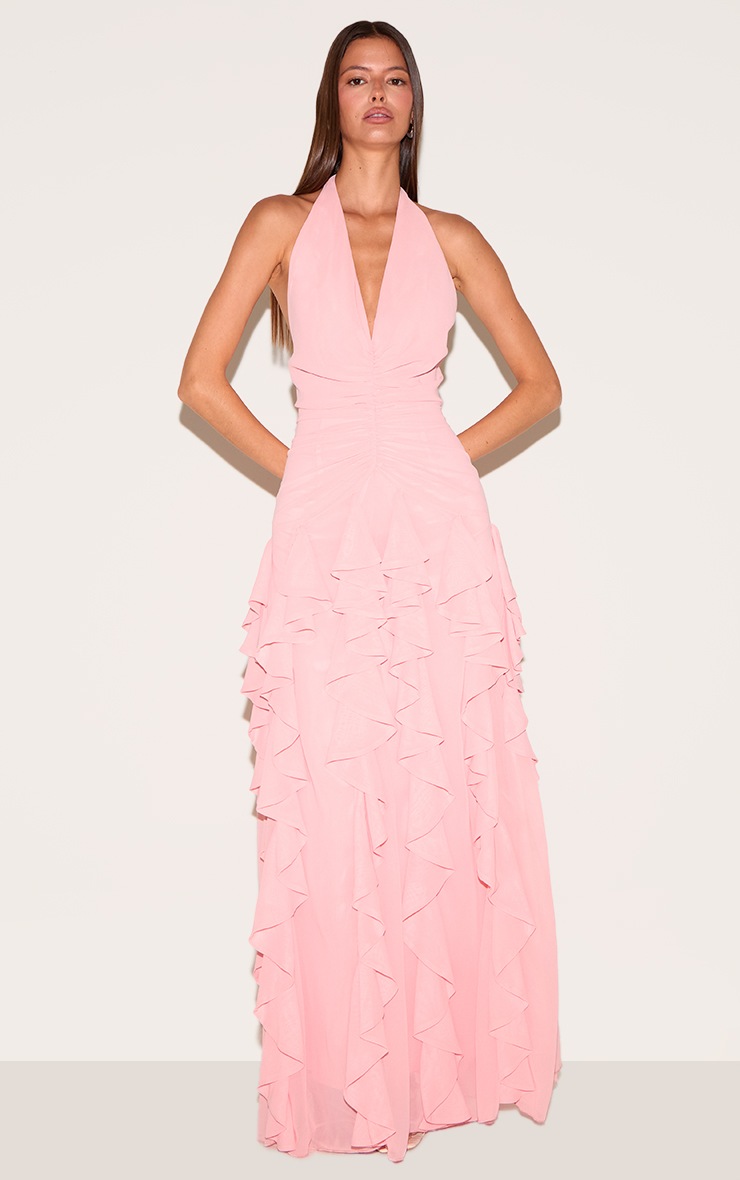 Pretty Little Thing Light Pink Plunge Ruched Frill Detail Maxi Dress