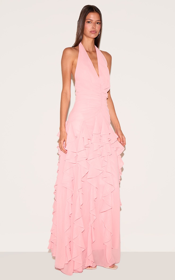 Pretty Little Thing Light Pink Plunge Ruched Frill Detail Maxi Dress
