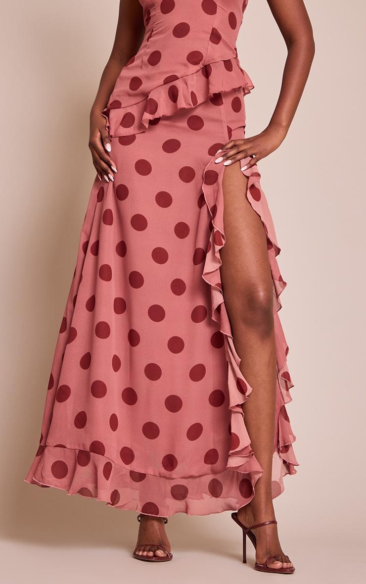 Pretty Little Thing Light Pink Polka Dot Chiffon Ruched Drop Waist Maxi Skirt