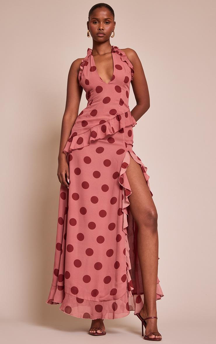 Pretty Little Thing Light Pink Polka Dot Chiffon Ruched Drop Waist Maxi Skirt