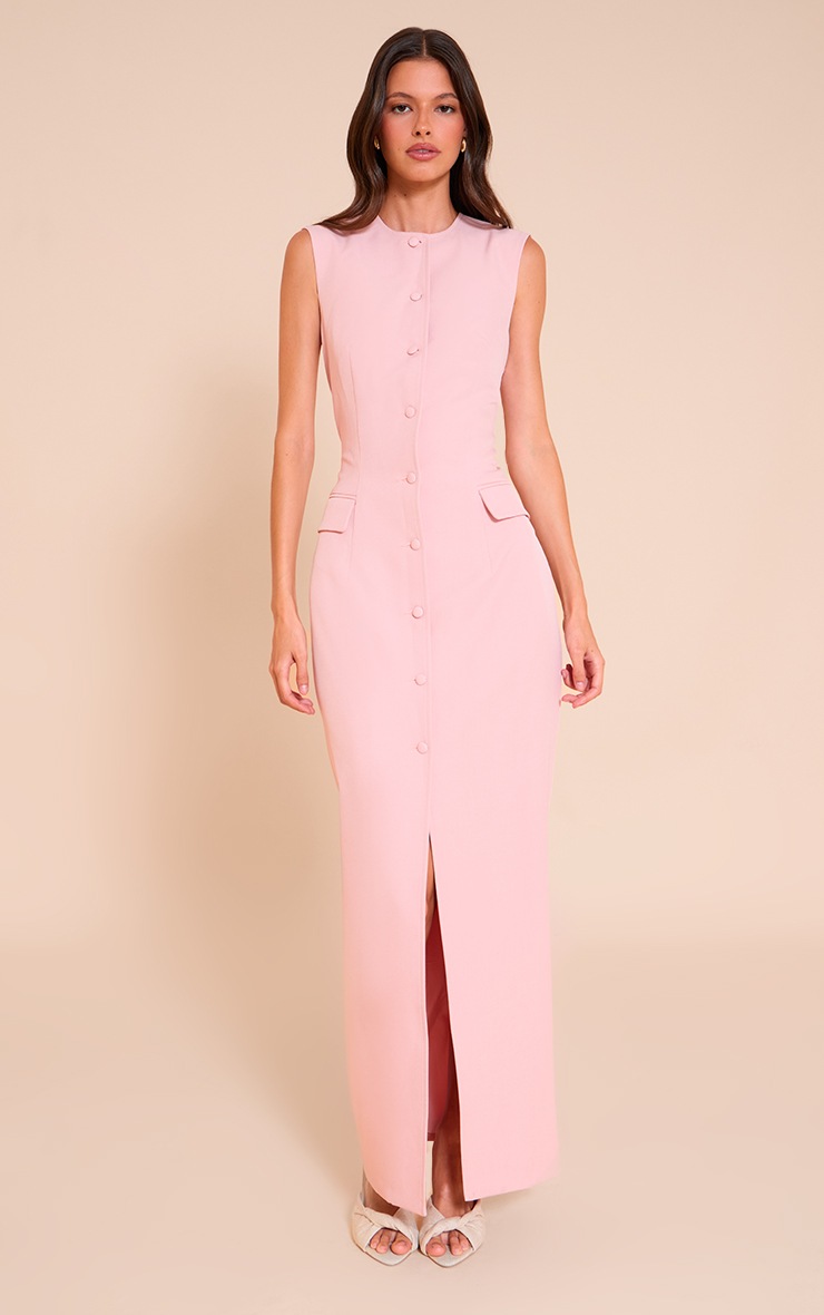 Pretty Little Thing Light Pink Woven Button Maxi Dress