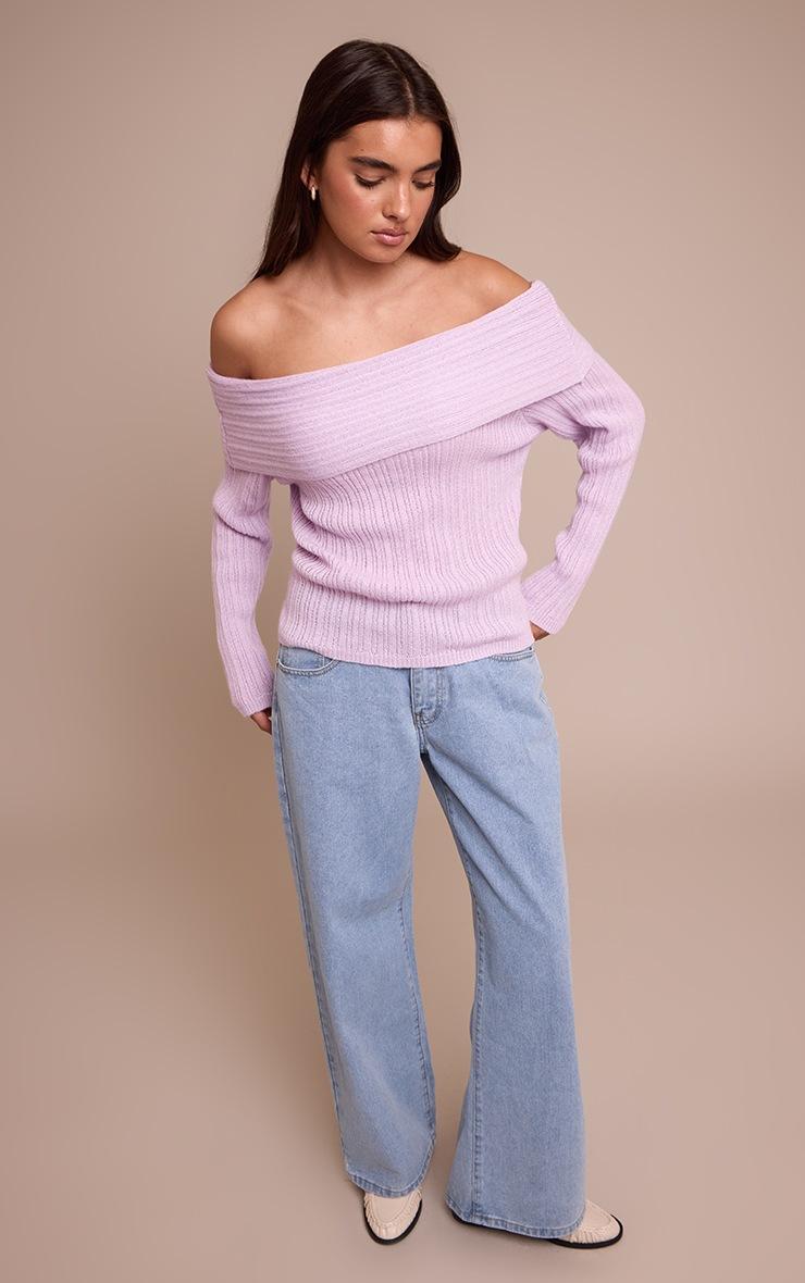 Pretty Little Thing Lilac Off The Shoulder Knit Long Sleeve Top
