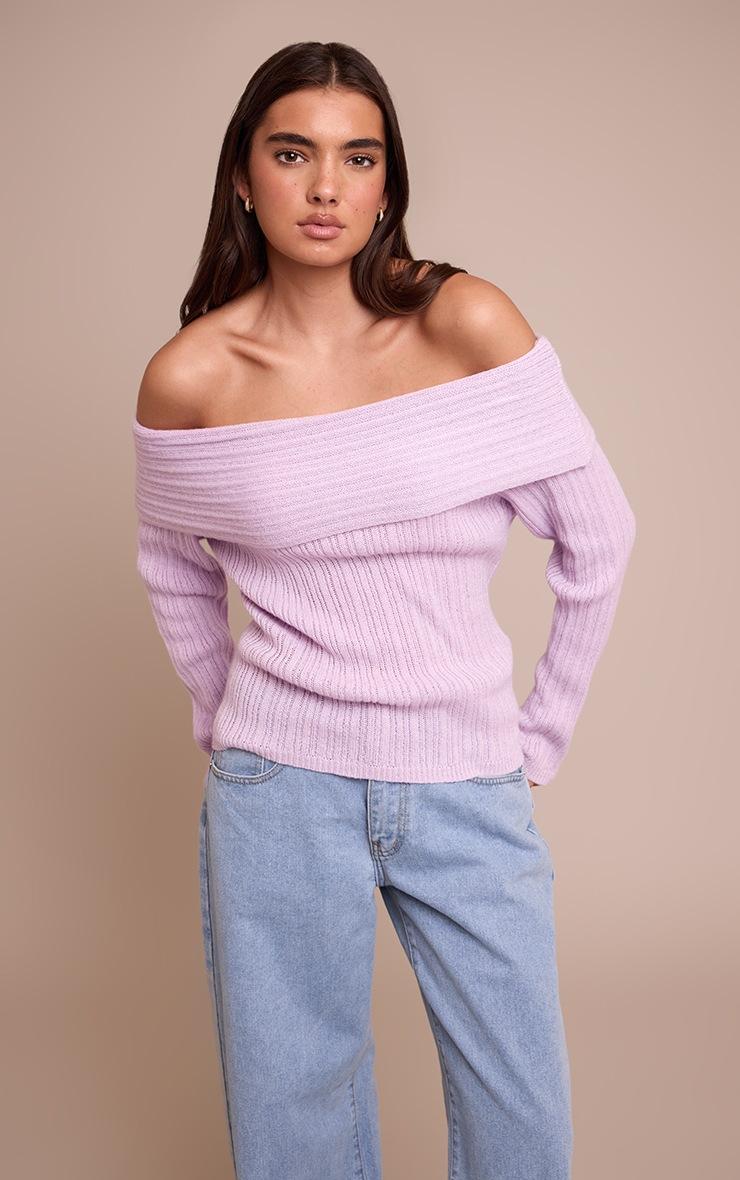 Pretty Little Thing Lilac Off The Shoulder Knit Long Sleeve Top