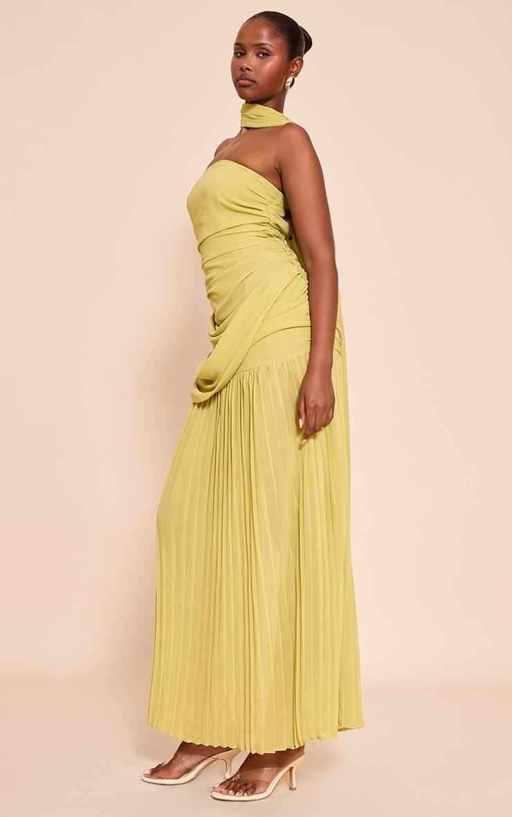 Pretty Little Thing Lime Chiffon Scarf Detail Bandeau Ruched Maxi Dress