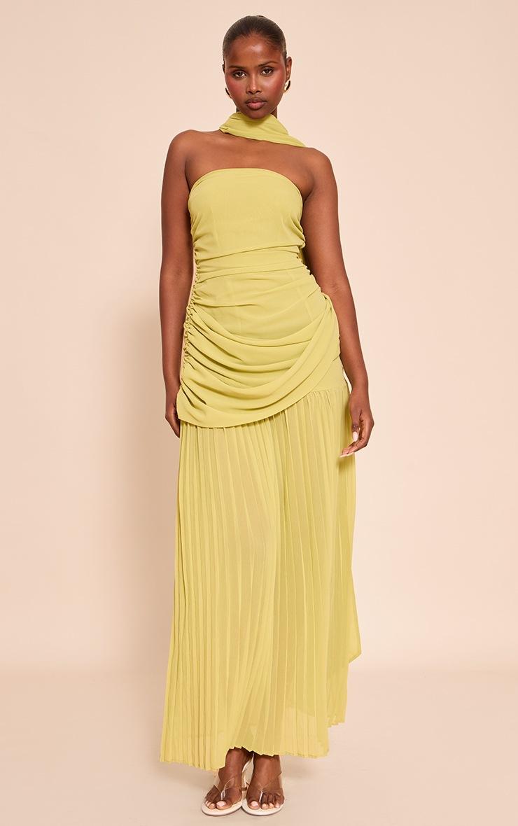 Pretty Little Thing Lime Chiffon Scarf Detail Bandeau Ruched Maxi Dress