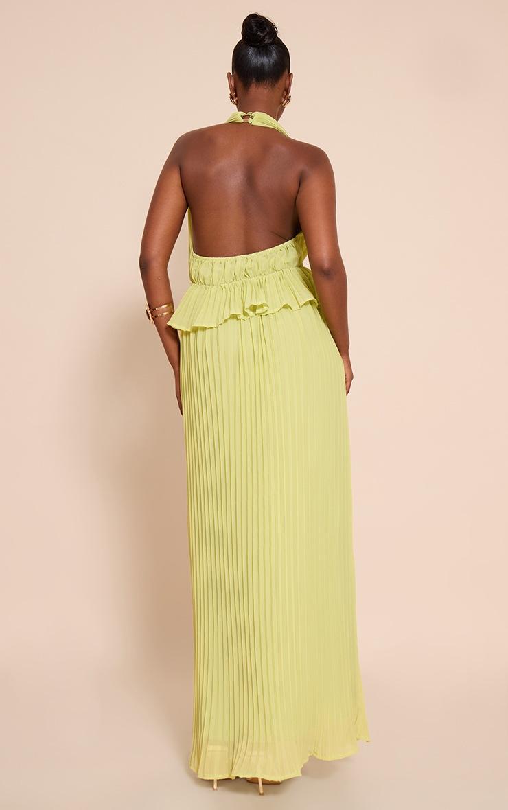 Pretty Little Thing Lime Plisse Halterneck Frill Detail Maxi Dress