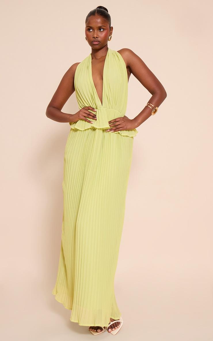 Pretty Little Thing Lime Plisse Halterneck Frill Detail Maxi Dress