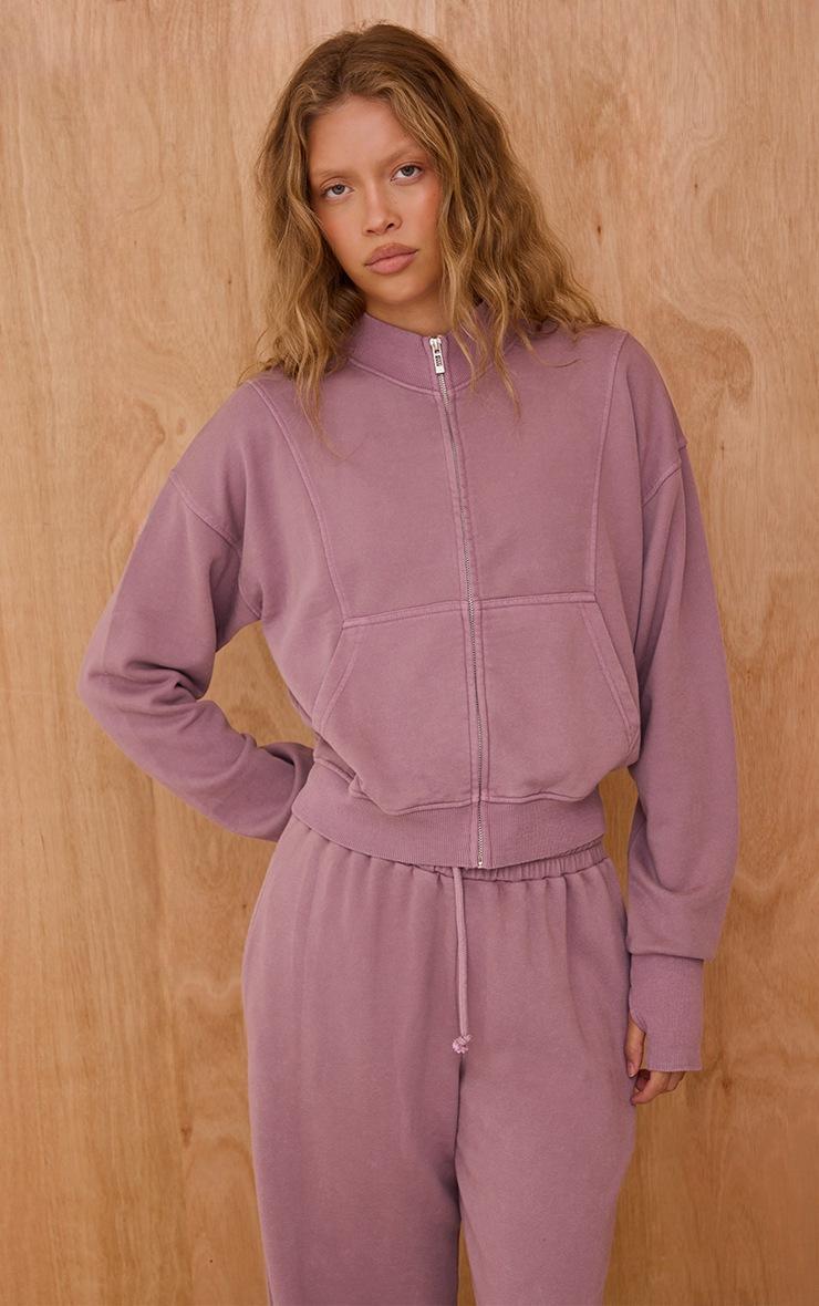 Pretty Little Thing Mauve Acid Wash Funnel Neck Zip Sweatshirt