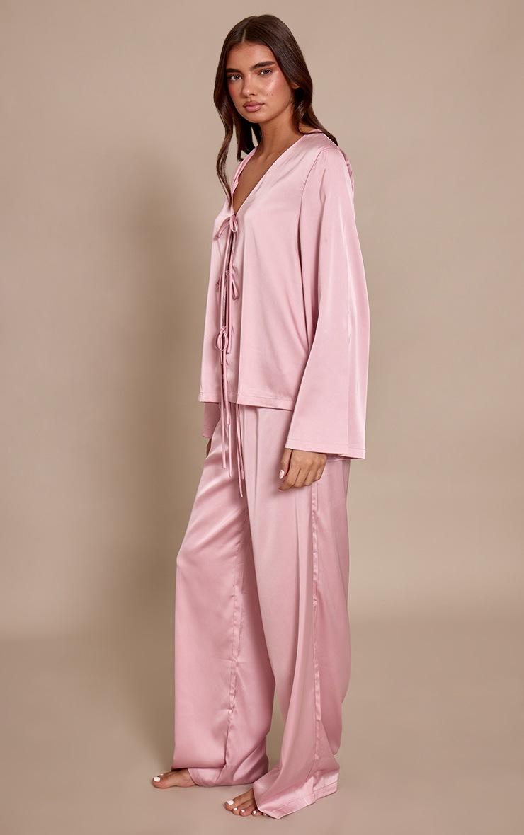 Pretty Little Thing Mauve Satin Tie Front Long Sleeve PJ Set