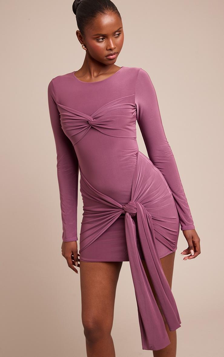 Pretty Little Thing Mauve Slinky Long Sleeve Wrap Twist Detail Mini Dress