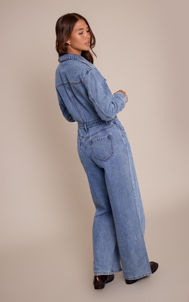 Pretty Little Thing Mid Blue Contrast Stitch Long Sleeve Denim Jumpsuit