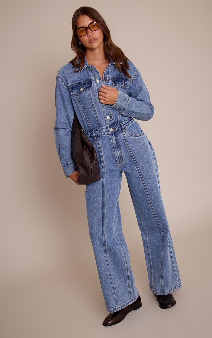 Pretty Little Thing Mid Blue Contrast Stitch Long Sleeve Denim Jumpsuit