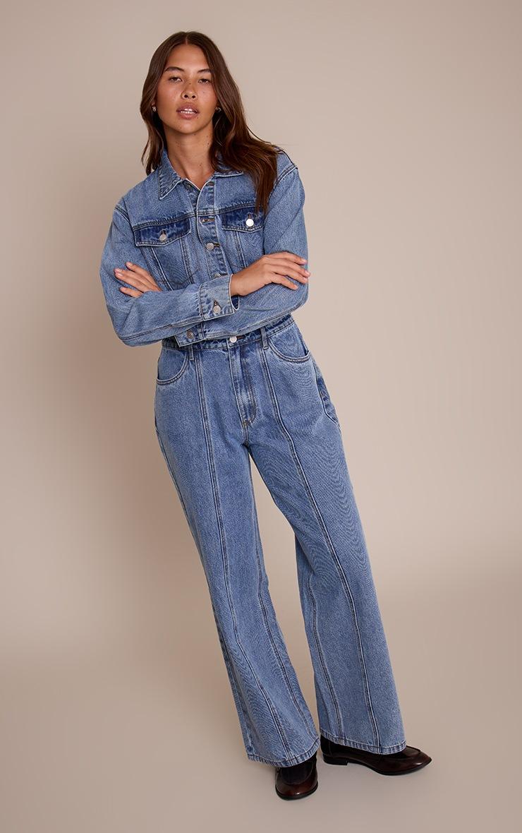 Pretty Little Thing Mid Blue Contrast Stitch Long Sleeve Denim Jumpsuit