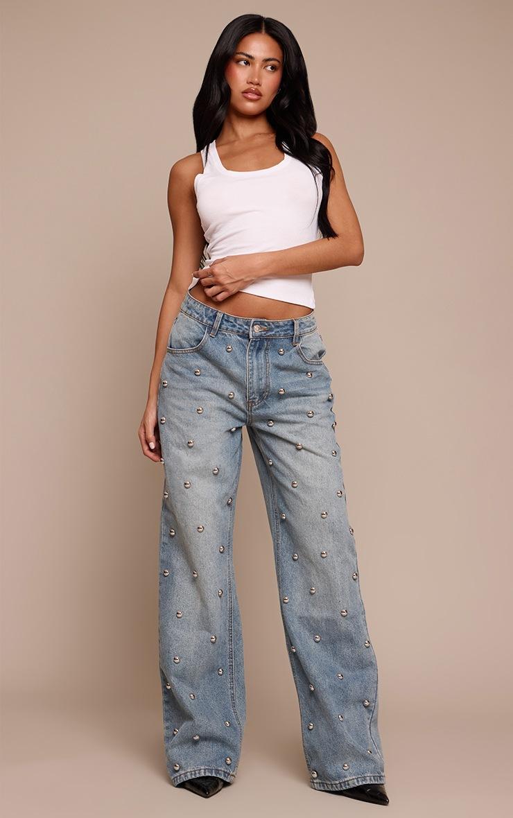 Pretty Little Thing Mid Blue Dome Stud High Waisted Denim Jeans