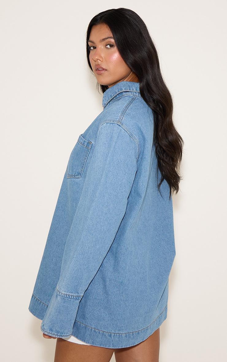 Pretty Little Thing Mid Blue Oversized Denim Rugby Style Shirt