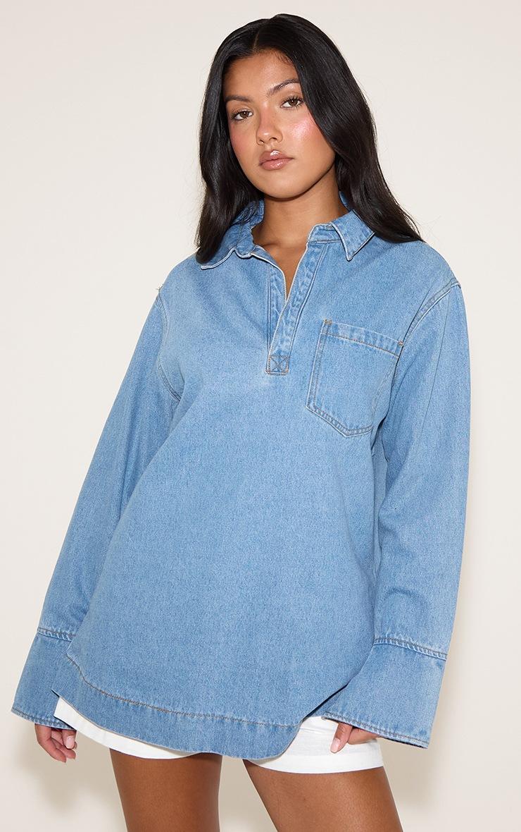 Pretty Little Thing Mid Blue Oversized Denim Rugby Style Shirt