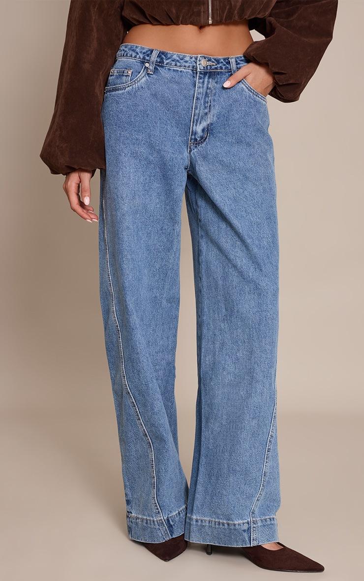 Pretty Little Thing Mid Blue Relaxed Mid Rise Seam Detail Wide Leg Jeans