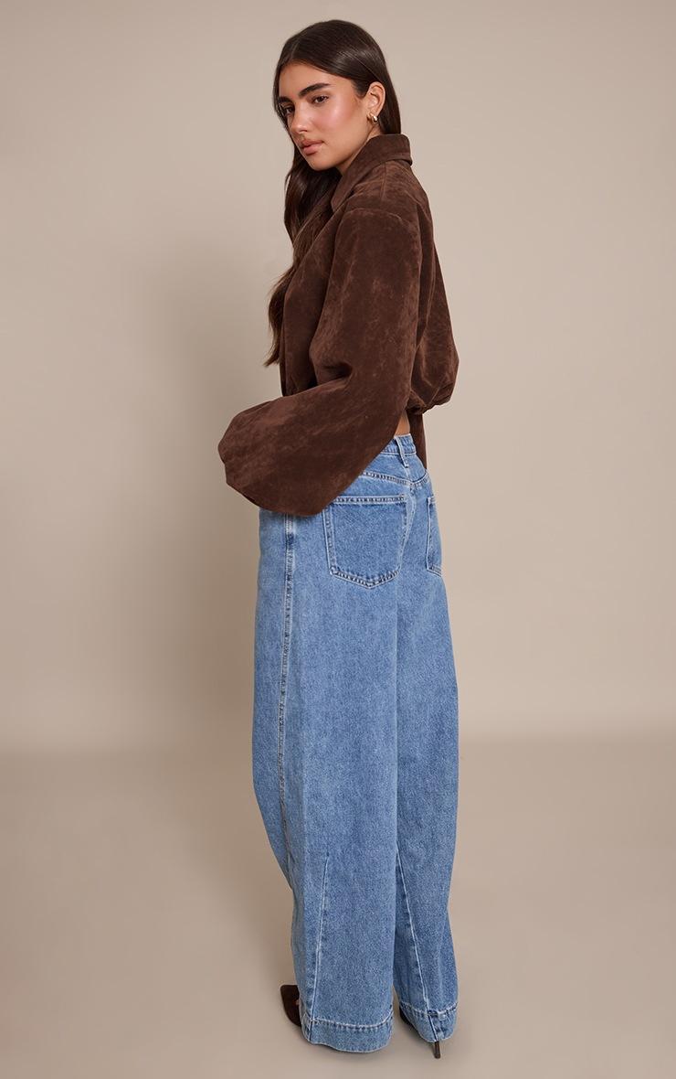 Pretty Little Thing Mid Blue Relaxed Mid Rise Seam Detail Wide Leg Jeans