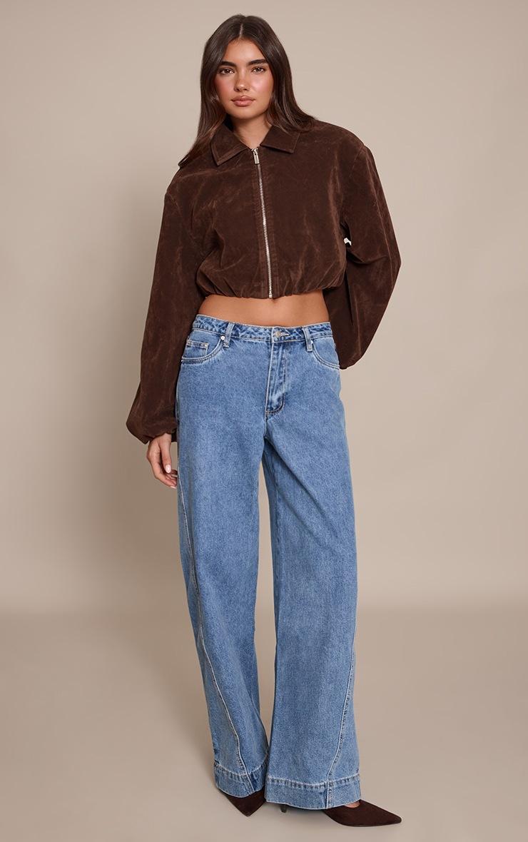 Pretty Little Thing Mid Blue Relaxed Mid Rise Seam Detail Wide Leg Jeans