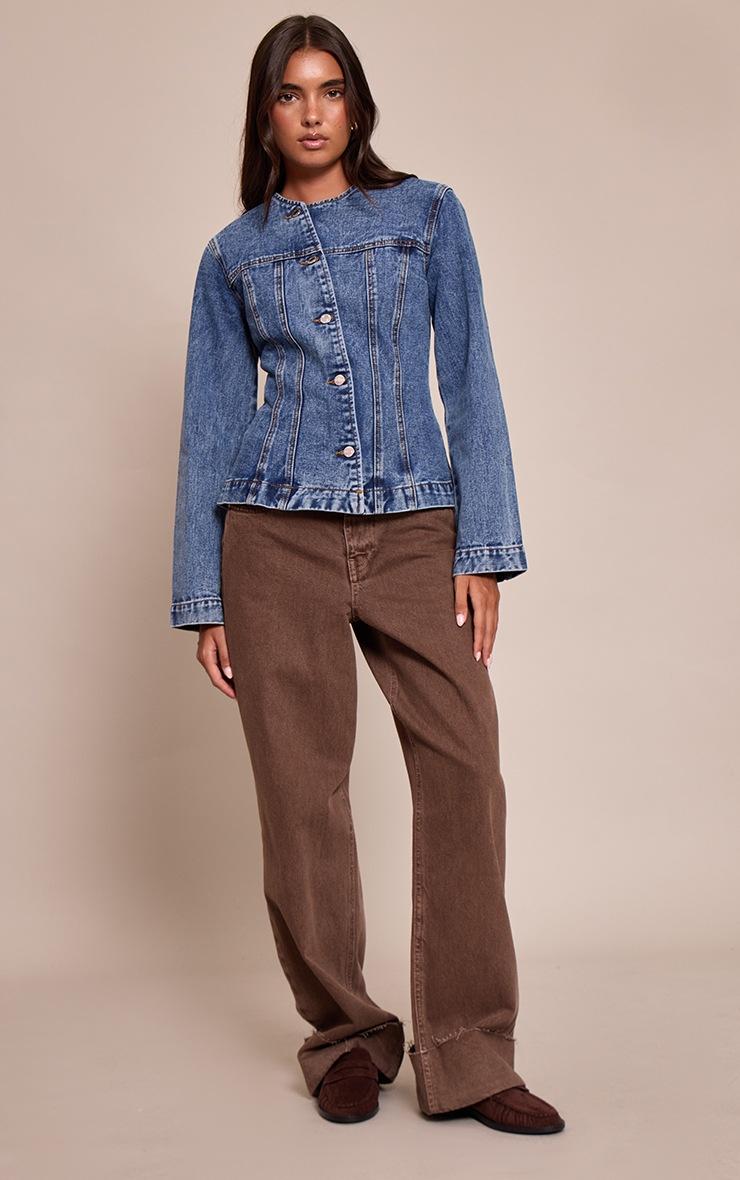 Pretty Little Thing Mid Blue Wash Asymmetric Button Collarless Denim Shirt