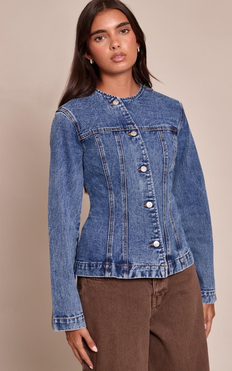 Pretty Little Thing Mid Blue Wash Asymmetric Button Collarless Denim Shirt