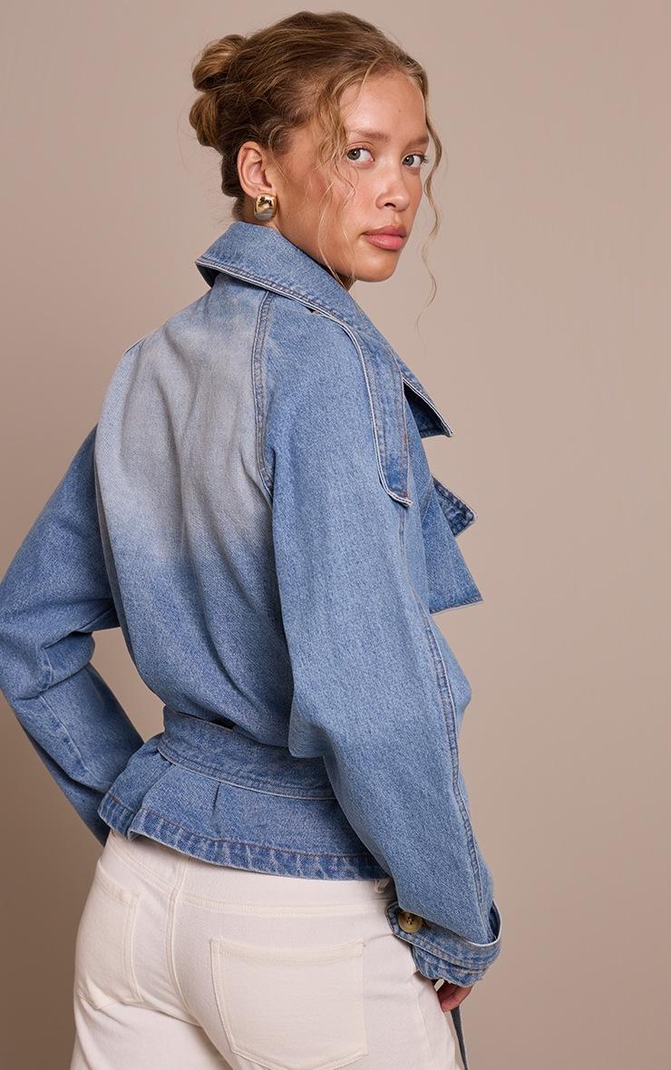 Pretty Little Thing Mid Blue Wash Belted Cropped Button Detail Denim Trench