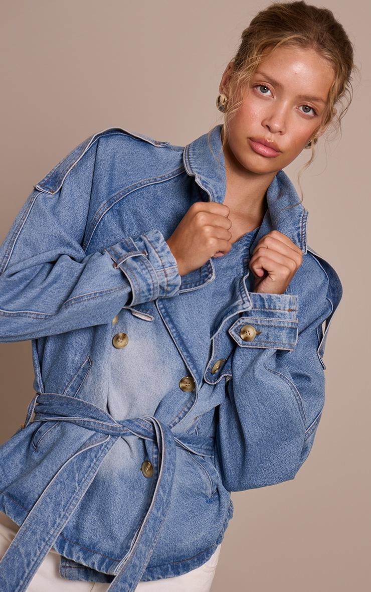 Pretty Little Thing Mid Blue Wash Belted Cropped Button Detail Denim Trench