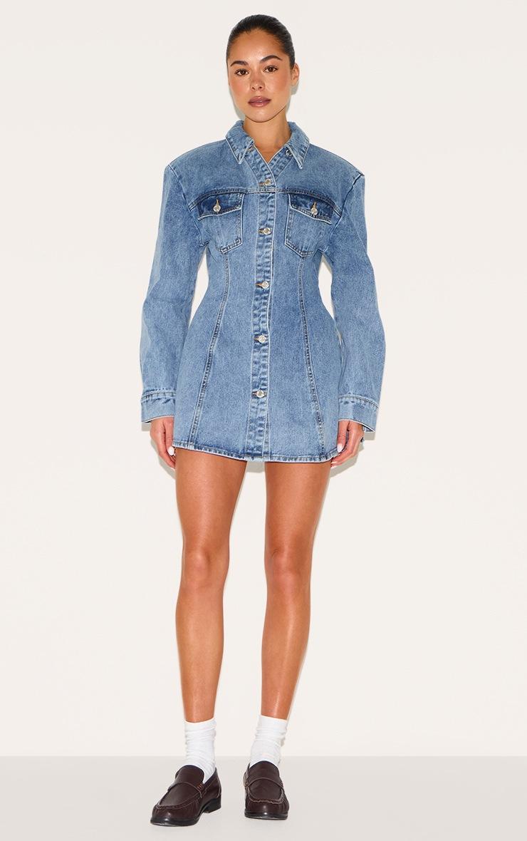 Pretty Little Thing Mid Blue Wash Cinched Waist Denim Shirt Dress