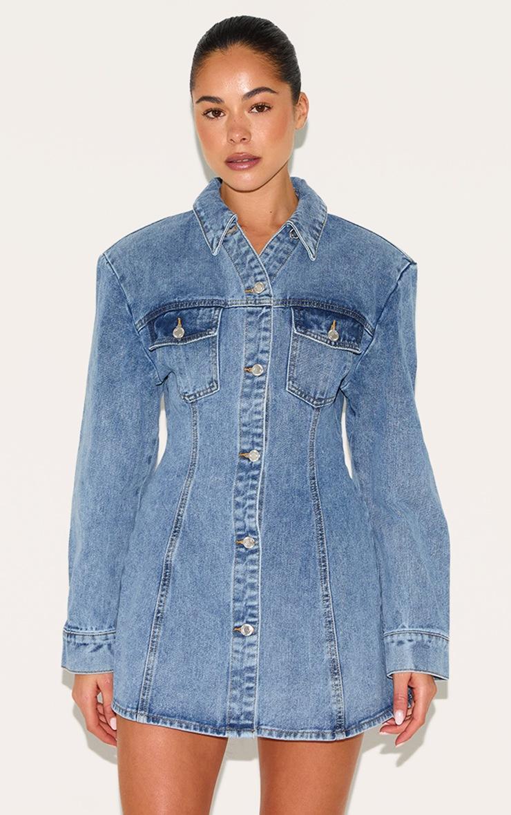 Pretty Little Thing Mid Blue Wash Cinched Waist Denim Shirt Dress