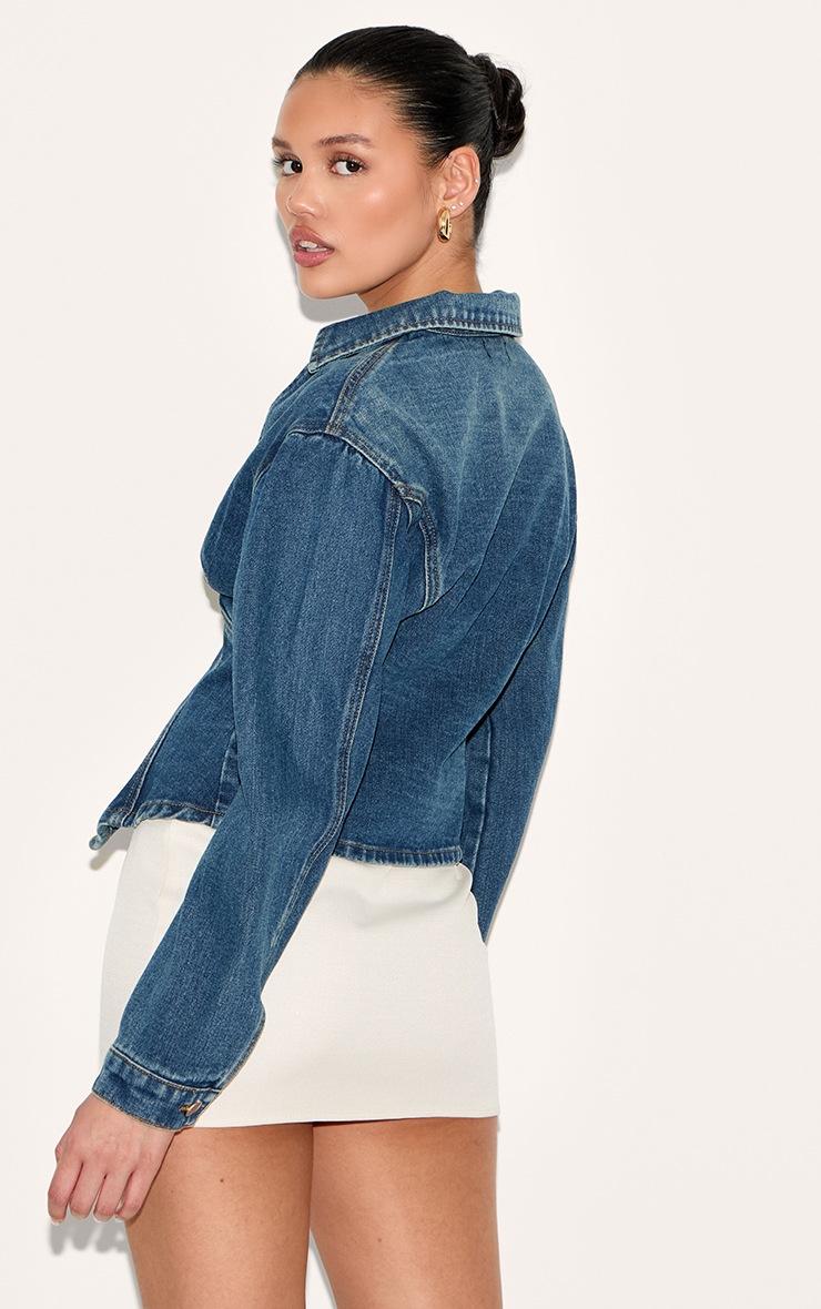 Pretty Little Thing Mid Blue Wash Cinched Waist Split Hem Balloon Sleeve Shirt