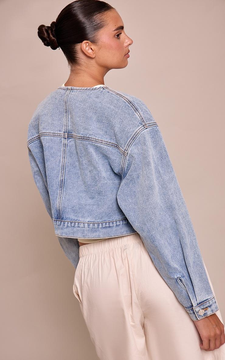 Pretty Little Thing Mid Blue Wash Collarless Cropped Denim Jacket