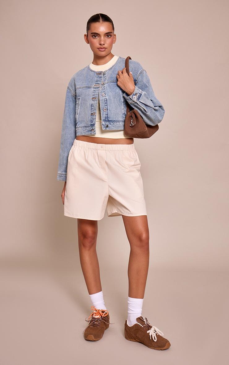Pretty Little Thing Mid Blue Wash Collarless Cropped Denim Jacket