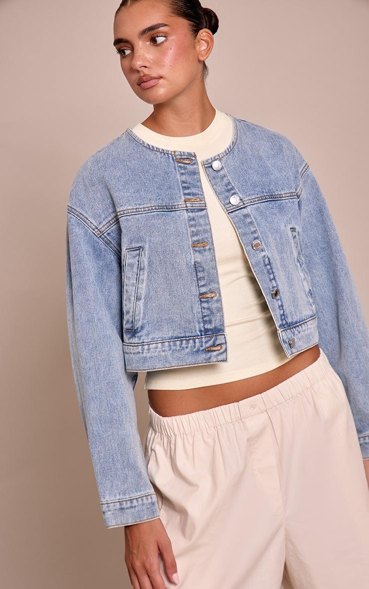 Pretty Little Thing Mid Blue Wash Collarless Cropped Denim Jacket