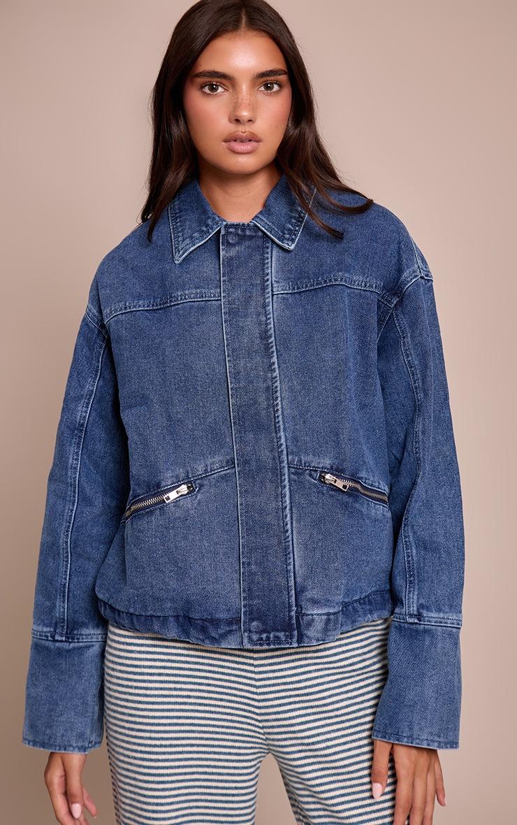 Pretty Little Thing Mid Blue Wash Elasticated Hem Denim Jacket