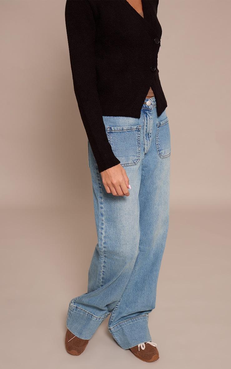 Pretty Little Thing Mid Blue Wash Hem Seam Detail Front Pocket Jeans