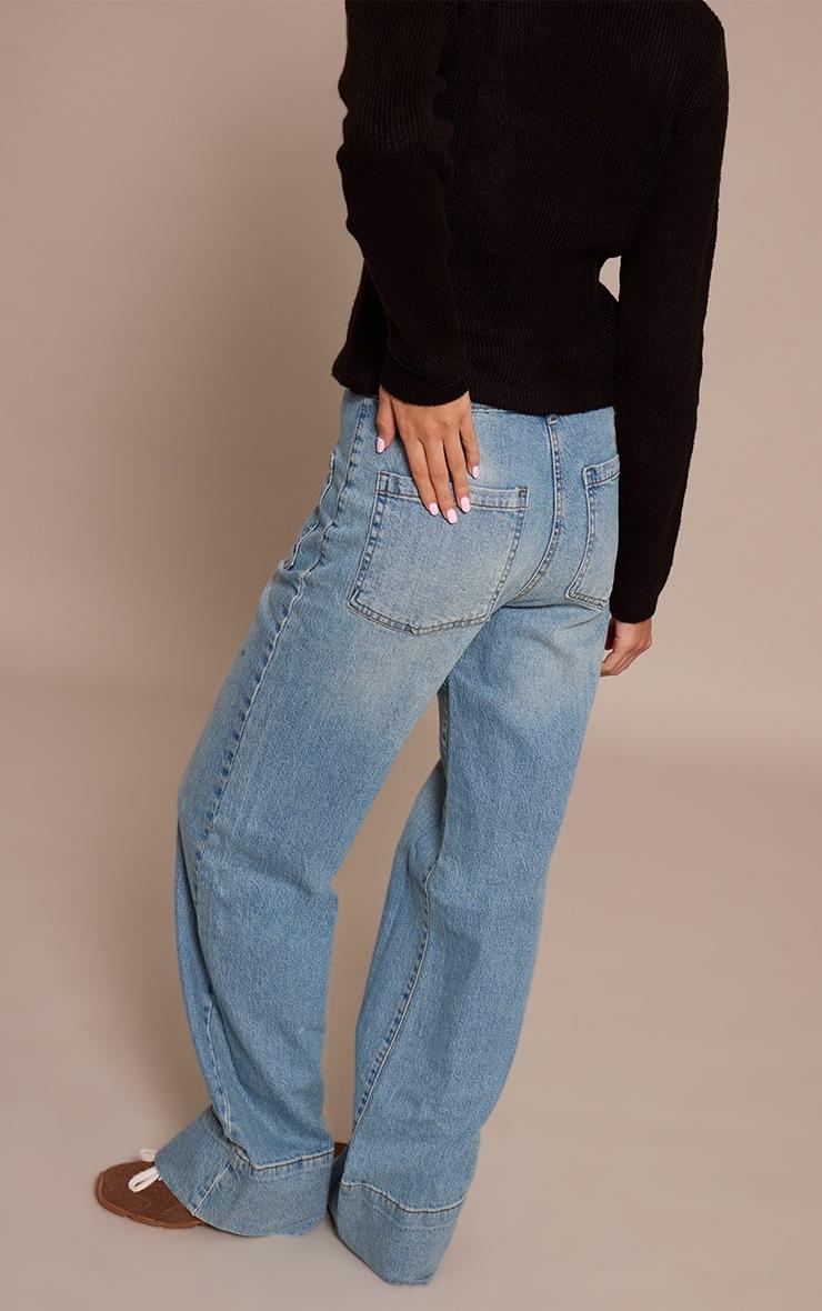 Pretty Little Thing Mid Blue Wash Hem Seam Detail Front Pocket Jeans