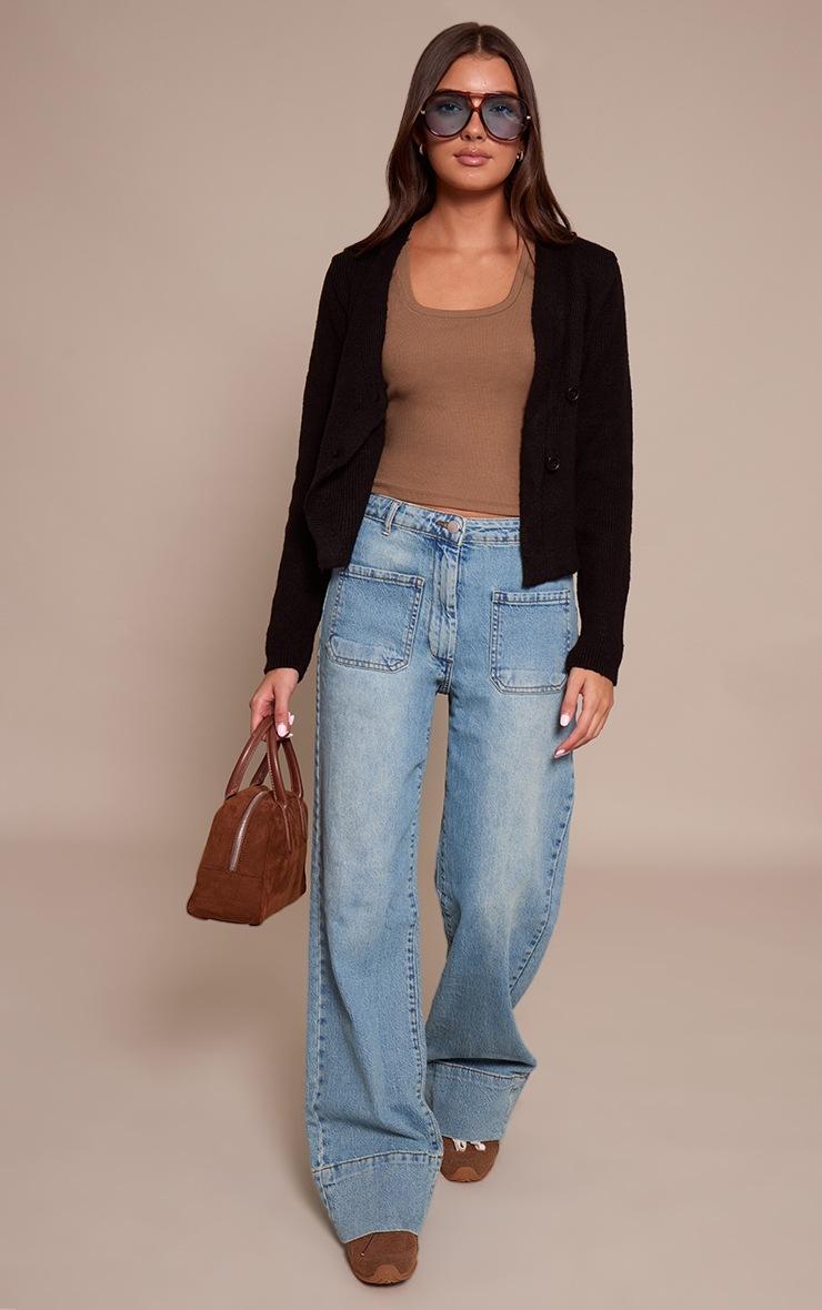 Pretty Little Thing Mid Blue Wash Hem Seam Detail Front Pocket Jeans