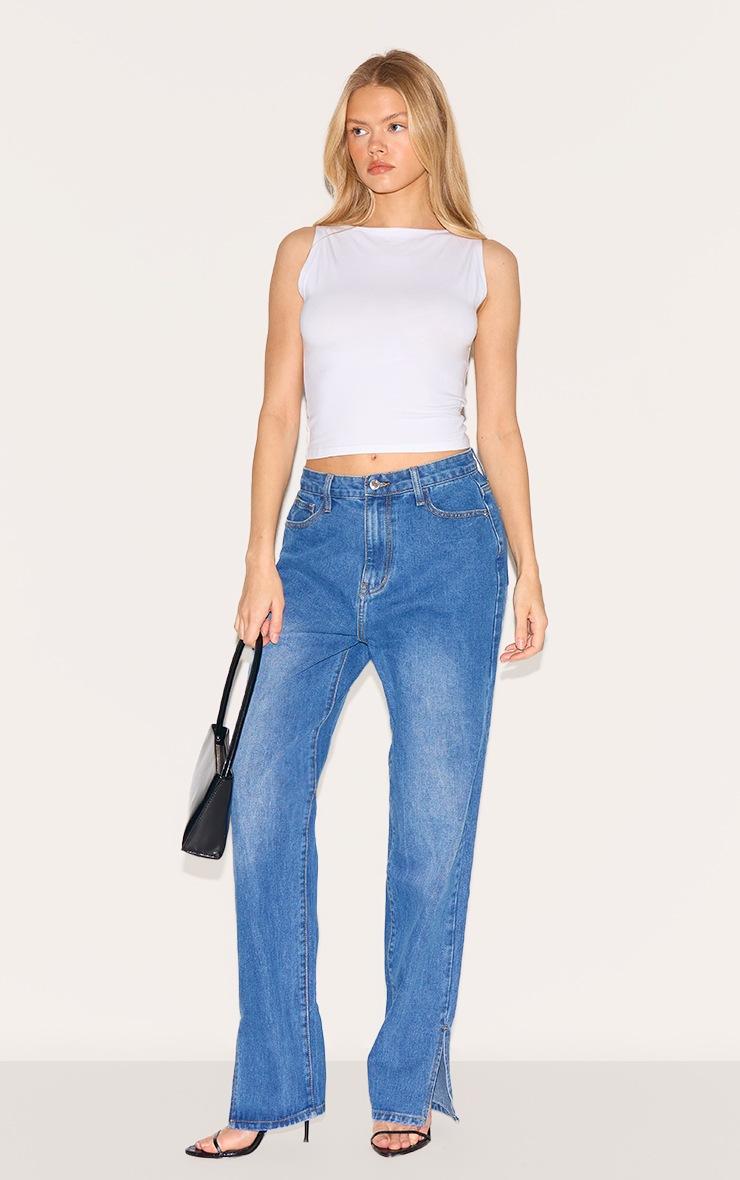 Pretty Little Thing Mid Blue Wash L30 Denim Split Hem Jeans