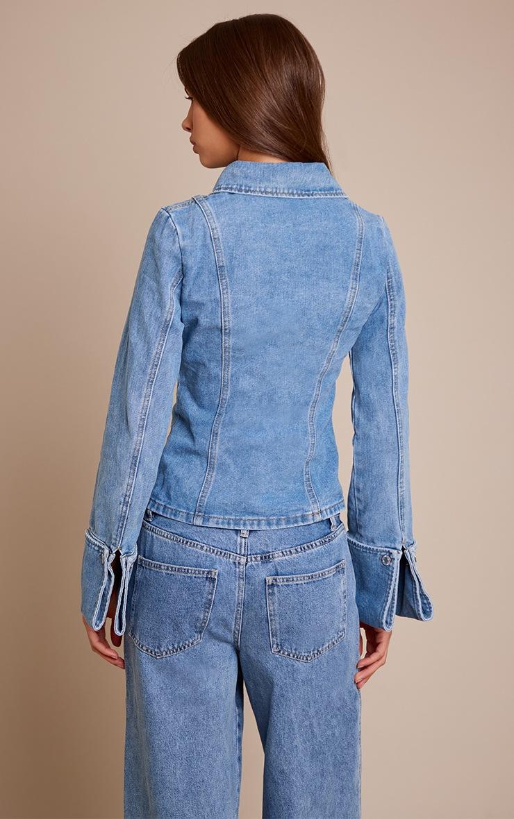 Pretty Little Thing Mid Blue Wash Long Sleeve Cinch Waist Denim Shirt