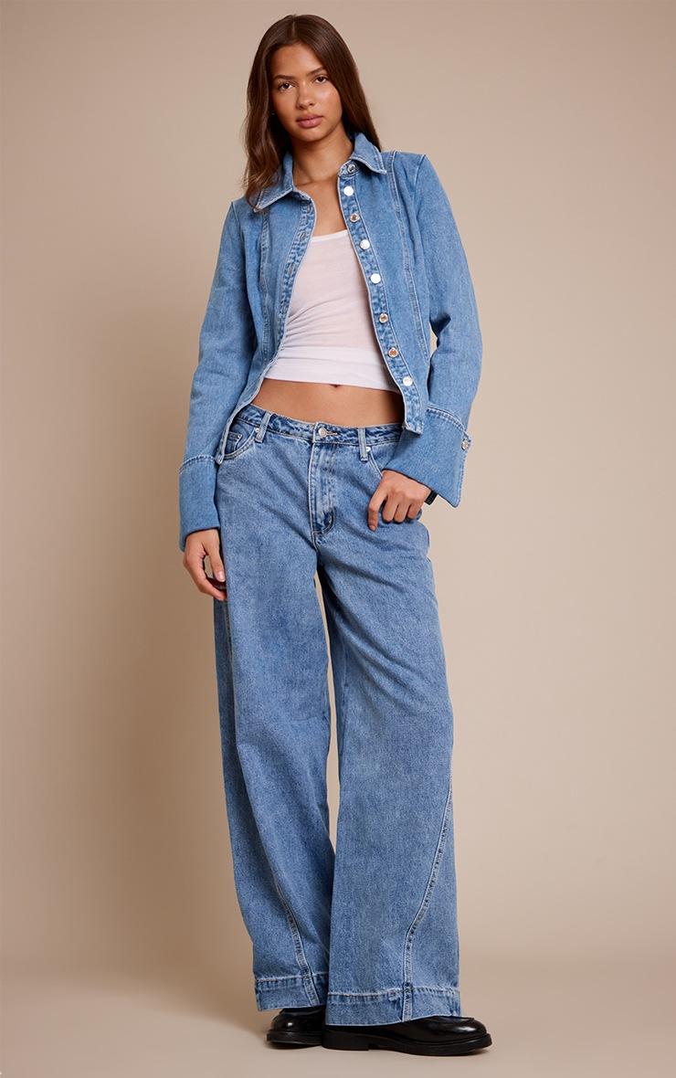 Pretty Little Thing Mid Blue Wash Long Sleeve Cinch Waist Denim Shirt