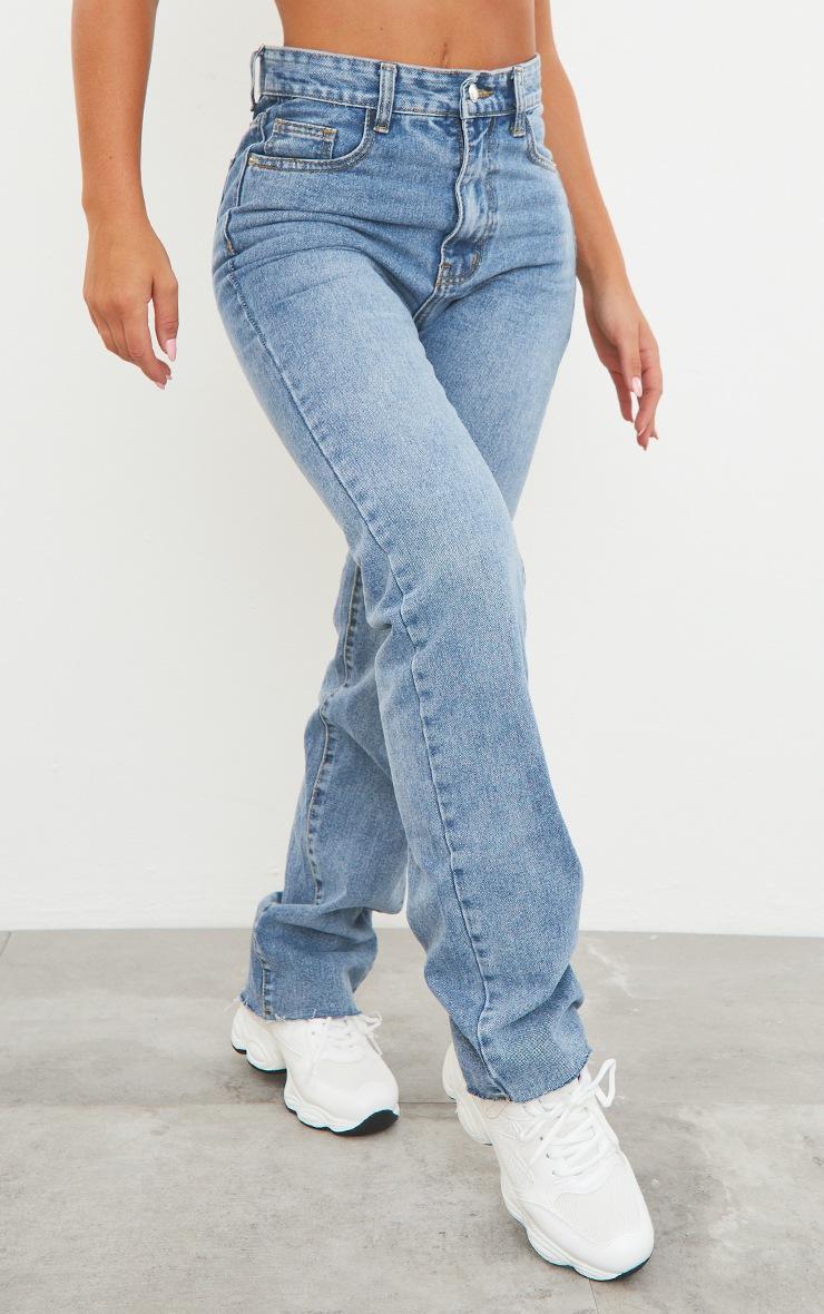 Pretty Little Thing Mid Blue Wash Long Straight Leg Raw Hem Jeans