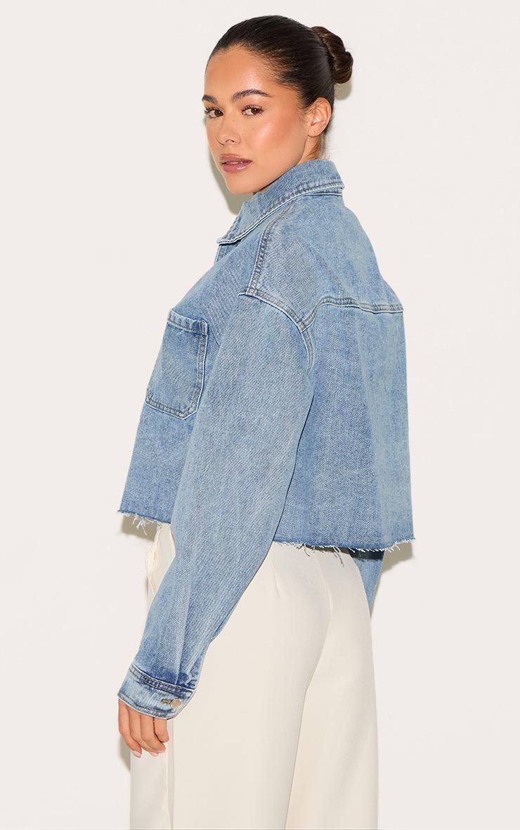 Pretty Little Thing Mid Blue Wash Raw Hem Cropped Denim Shirt
